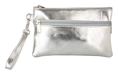 AspenLeather™ Wristlet Zipper Formal PU Leather Bag for Women, 3 Compartments Solid Pattern – Silver Color topfashionsbrand.com/aspenleather-w…