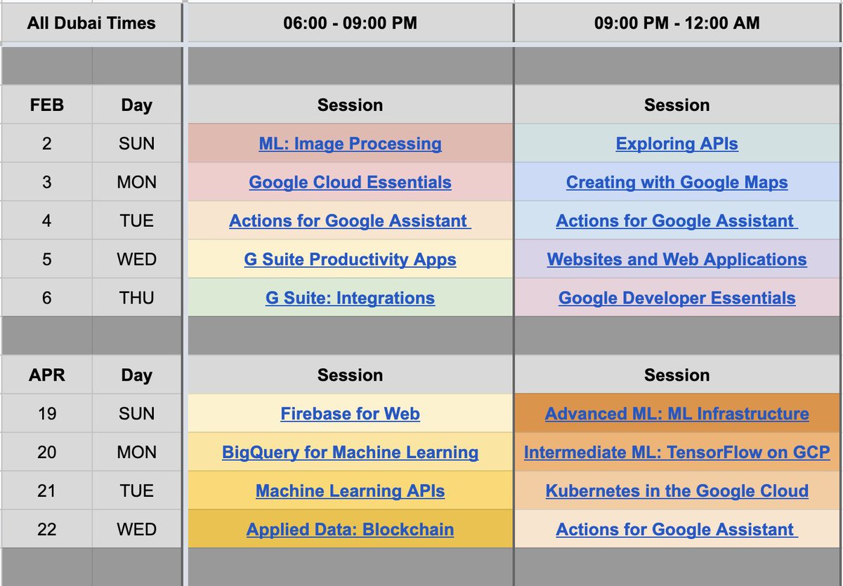 You asked &amp; we listened! 🙌
#GDRMENA / Online Study Jams (Feb 2-6 / Apr 19-22)

8 Tracks, 11 Experts, 18 Live Sessions!

- Cloud
- Firebase
- Google Maps
- Google Assistant
- Machine Learning
  + Image Processing
  + Image Processing
  + TensorFlow on GCP

bit.ly/gdr-online-2020