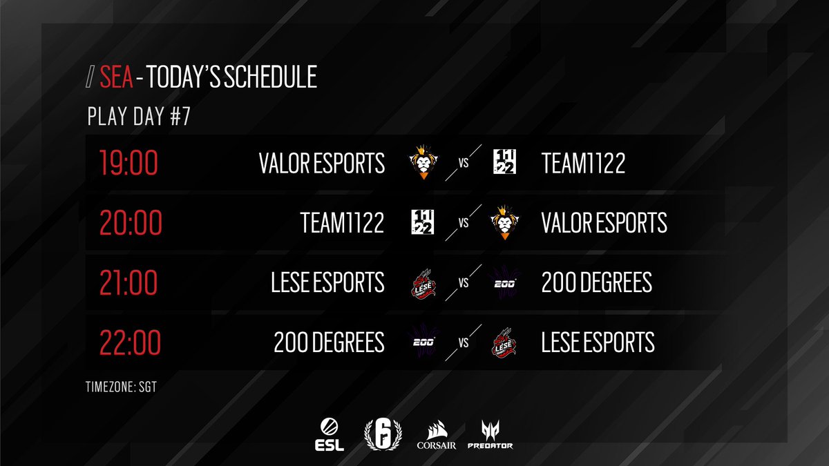 ESL_Asia's tweet photo. The 7th play day of #R6PL SEA starts in 2 hours!
1900 SGT @TeamValorAPAC ⚔ #Team1122
2100 SGT @LeseEsports ⚔ #200Degrees
Follow the games LIVE on https://t.co/Ib61tWYCNe https://t.co/eDT03VuZ9f