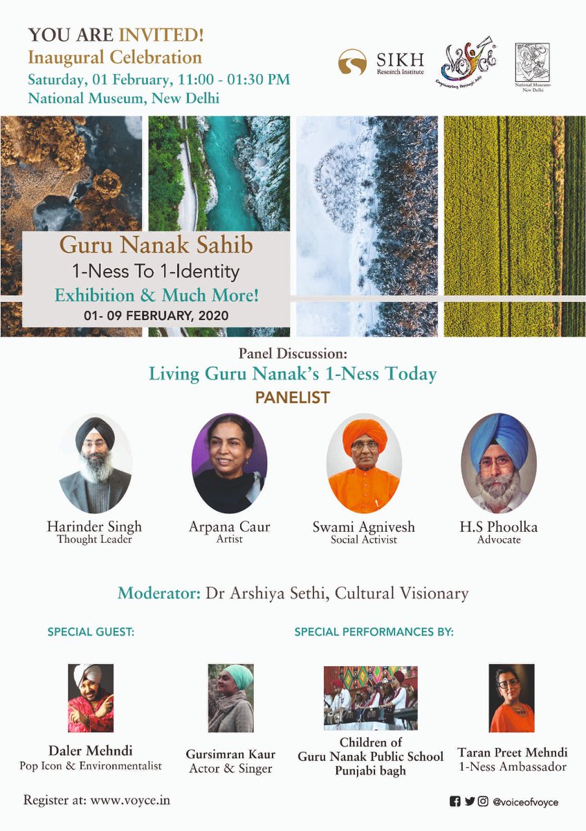 1Force's tweet image. I'll be a panelist on "Living #GuruNanakSahib's 1-Ness Today" at the inaugural celebrations during launch of exhibition "1-Ness to 1-Identity" on Feb 1 in New Delhi. @hsphoolka @dalermehndi @swamiagnivesh @MehndiTaran Arpana Caur Gursimran Kaur Arshiya Sethi
#Nanakshahi550 #1Ness