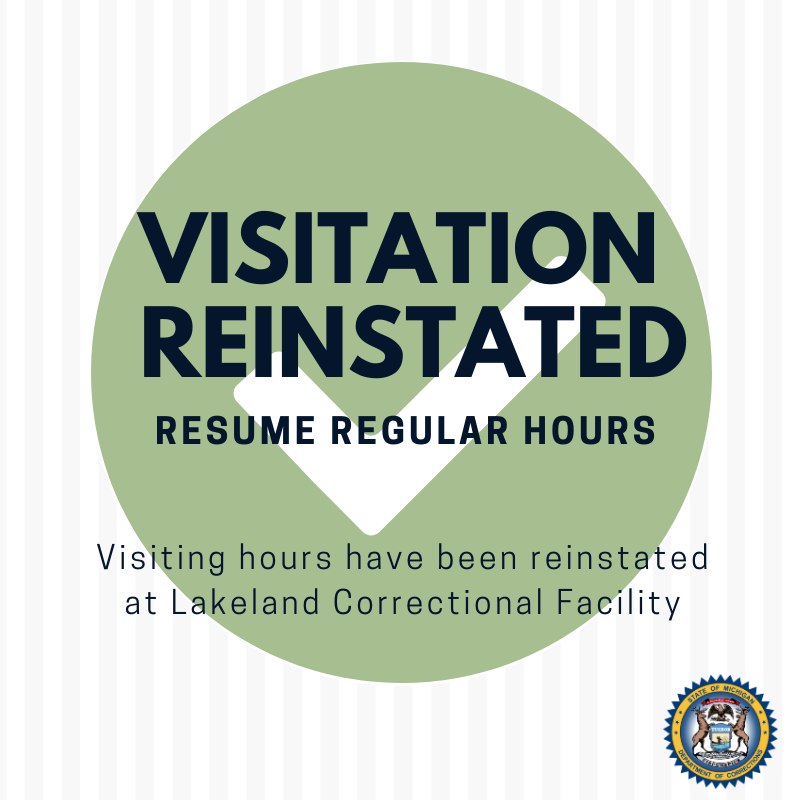 MichiganDOC's tweet photo. Visitation has been reinstated at Lakeland Correctional Facility. 
The schedule of visiting hours is available here: https://t.co/TAVisGI0U7 https://t.co/yNI5iaxxWR