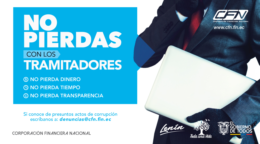 CFN_ECUADOR's tweet photo. ✔ No pierda tiempo
✔ No pierda dinero
✔ No pierda transparencia
En todas las sucursales de la Corporación Financiera Nacional (#CFN) contamos con personal especializado y autorizado, dispuesto a asesorarlos de forma gratuita.
#CFNTransparente
https://t.co/5sibPvU9WY https://t.co/bAgFujzvoX