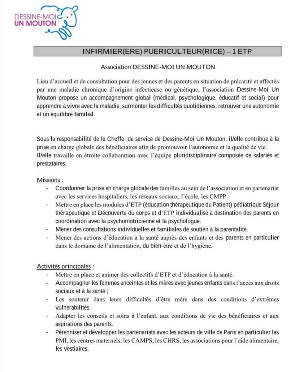DessineM's tweet photo. Cher réseau l'association Dessine-moi un mouton recherche un ou une infirmière de puériculture en CDI 39h (avec RTT) #infirmière #infirmière #puériculture #dessinemoiunmouton #recrute #santé #medicosocial https://t.co/ONoyadu2VE
