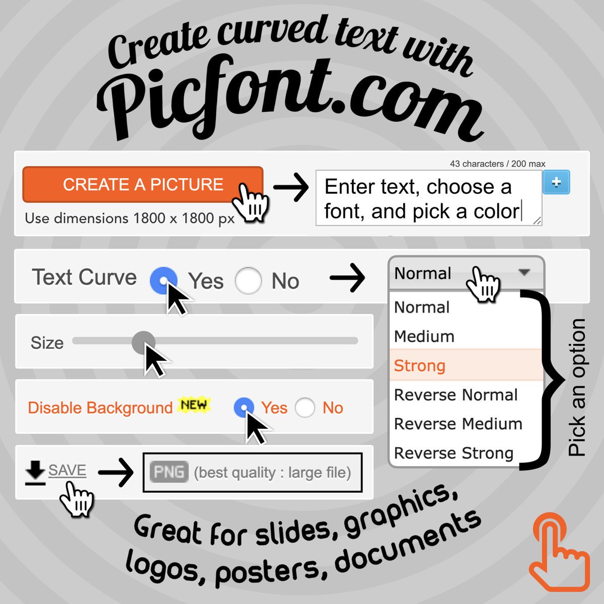 Create curved text with Picfont.com. Great for slides, graphics, logos, posters, documents.
