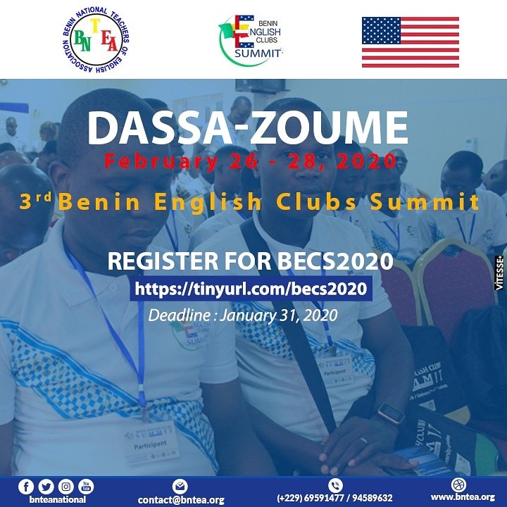 PlusDeVitesse's tweet photo. Dassa-Zoume is hosting the 3rd edition of the Benin English Clubs Summit (BECS).
Organized by @bnteanational and fully funded by @USEmbassyBenin. 
Global Communication by @PlusDeVitesse.
Register ► https://t.co/EBKXxP97Ml
#VitessePlus
#BECS2020
#BNTEA 
#USinBenin 
#Benin https://t.co/d6bpyzrFFV