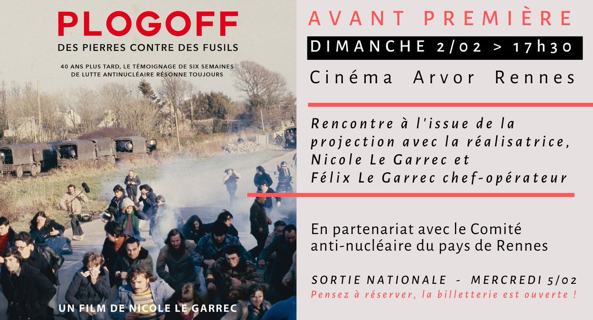 Cinema_ARVOR's tweet photo. đą #AvantPremiĂšre đ #PLOGOFF, DES PIERRES CONTRE DES FUSILS en prĂ©sence de Nicole et FĂ©lix Le Garrec.
đč 1980, toute une population refuse lâinstallation dâune centrale nuclĂ©aire Ă deux pas de la Pointe du Raz...
đ Dimanche 2 /02 > 17h30 #EmojiBZH
#NextFilmDistribution https://t.co/pKOkysg5VI