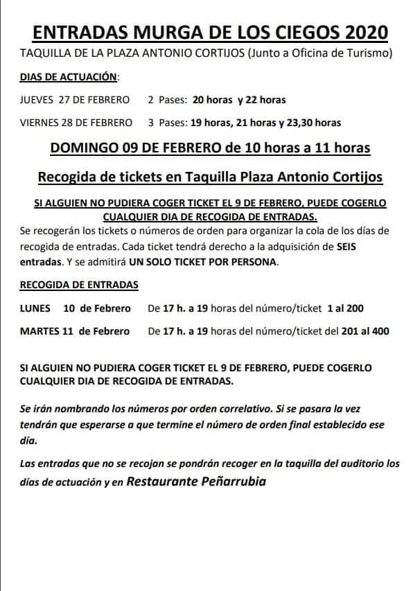💥 Ya estamos de vuelta!
📝 Aquí tenéis el cartel anunciador de la recogida de tickets y entradas para las actuaciones...

!!!No os quedéis sin ellas, que luego es un follón!!!...😉

#MurgaLosCiegos2020