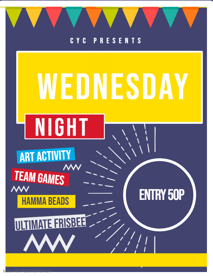 Keep out the rain tonight and get involved in tonight's activities here at he complex😃👍 Will be so much on such as: Art activity, team games, ultimate frisbee, hamma beads and so much more! Open from 6PM until 8:30PM. Entry 50p Hope to see you all later!!🤩🥳