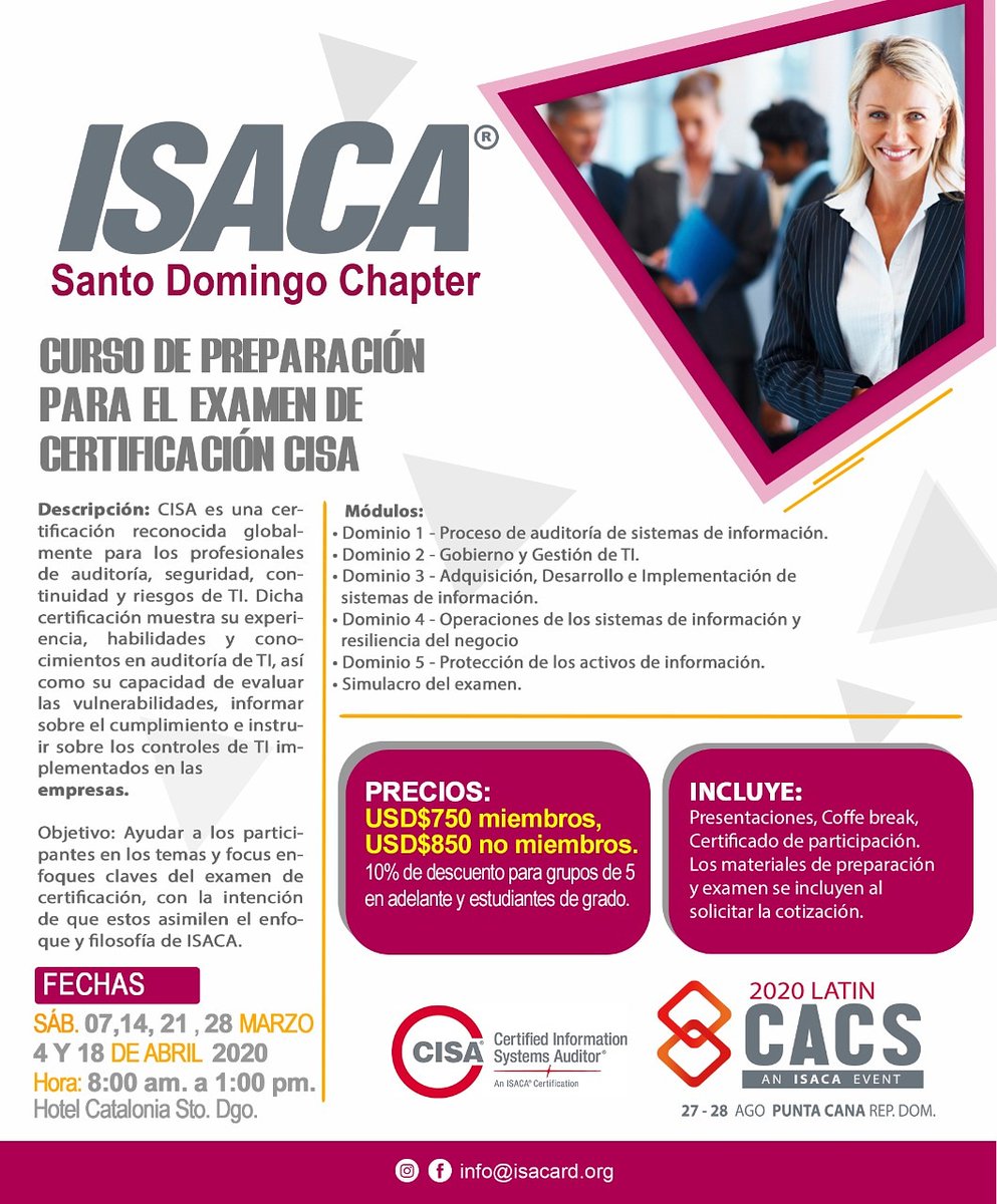 isacasdchapter's tweet photo. Recuerda que próximamente, se estará efectuando el Curso de Preparación para Examen de Certificación CISA.

Y si te registras antes del 15 de febrero, te ofrecemos un 20% de descuento.

Para más información en info@isacard.org

#CISA #CRISC #CSX #CISM #CGEIT #COBIT #LatinCACS https://t.co/77lRaQ9Z73