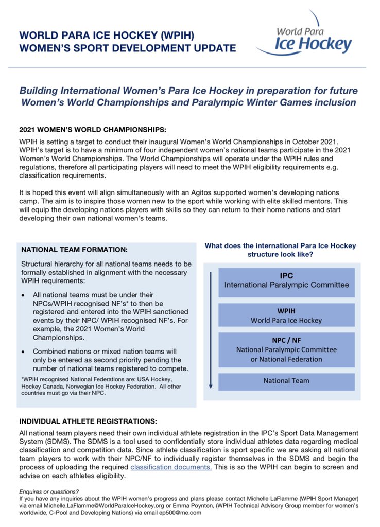 World Para Ice Hockey is setting a target to conduct an inaugural Women’s World Championships in October 2021. 

Here is an update with further details to grow the game. #ParaIceHockey