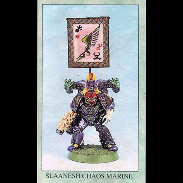 SciFi_Wargamers's tweet image. Look at the details on that banner! 😮 today’s #retro 40k mini. #chaos #spacemarine #slaanesh #warmongers #emperorschildren
