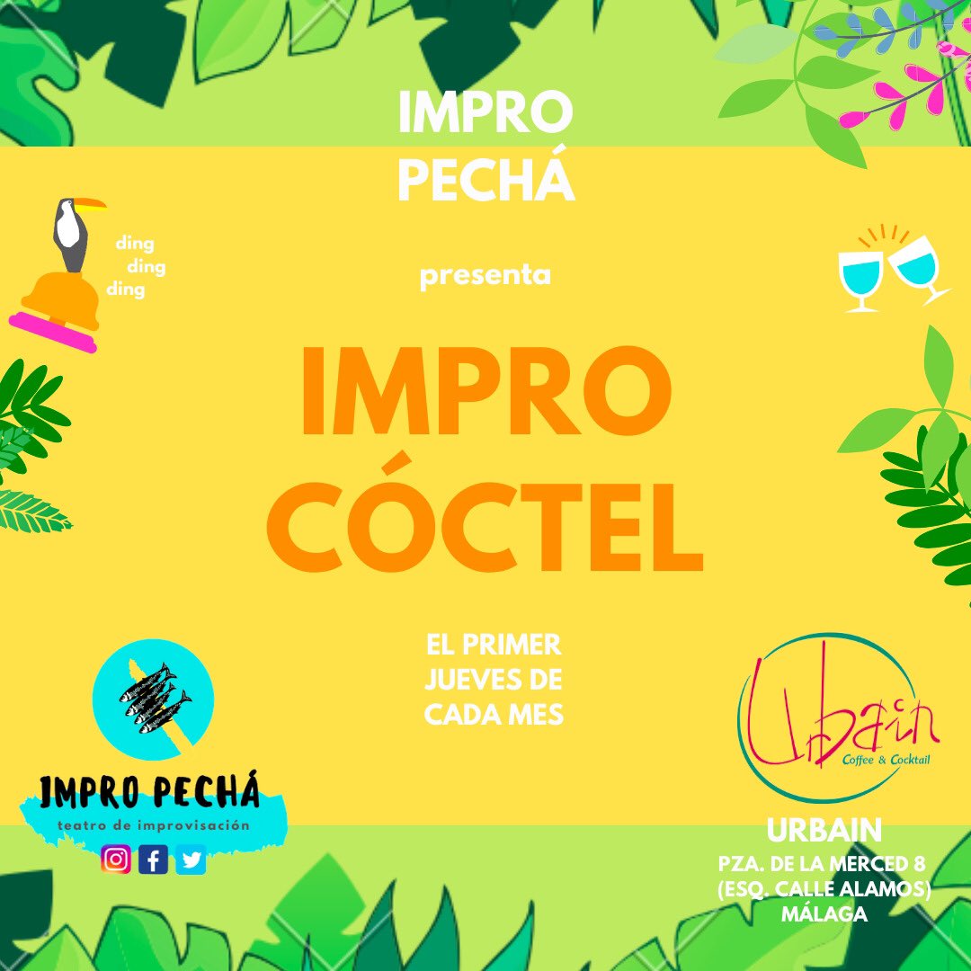 ¡Se acerca nuestro jueves favorito!
Cocktail🍸 + Impro🎭 = Planazo.
Ven a divertirte con nosotrxs🥳.
Que no te lo cuenten🤫.
Llega pronto y coge sitio🛋🍹.
🗓Jueves 6 febrero
📍Plaza Merced 8, Málaga
@urbainmalaga .
⏰20:30.
🎁Aportación 3€.
🥰Os esperamos!!!.
🐟🐟🐟🐟