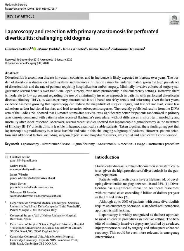 Epub in <a href="/UpdatesSurgery/">Updates in Surgery</a>:
Laparoscopy and resection with primary anastomosis for perforated #diverticulitis: challenging old dogmas

#colorectalsurgery #colorectalresearch #SoMe4Surgery  

link.springer.com/article/10.100…

read-only #openaccess:
rdcu.be/b0TTs