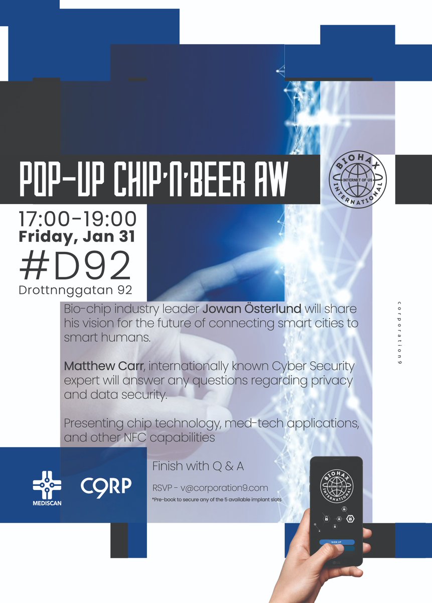 Corp9Official's tweet photo. Because of high demand, @biohaxint @MediscanUAE brings you a pop-up chip'n'beer AW. Listen, learn, network or even better become an early adopter yourself paving the way for the future of biotechnology. @hdhbg @hbgstad @JowanOsterlund https://t.co/LmSfTslaI6