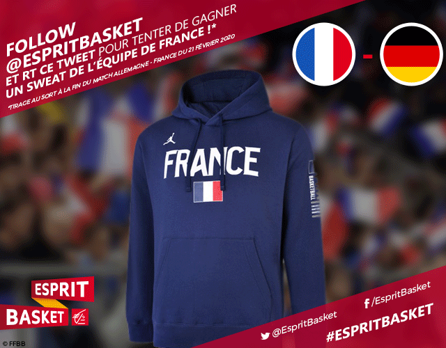 EspritBasket's tweet photo. Pour le duel du soir, #FRAALL 🇫🇷 - 🇩🇪, on vous fait gagner un sweat @FRABasketball ! 👌

Pour tenter votre chance, follow + RT ce tweet. Good luck ! #EspritBasket https://t.co/xJs6ZS6moa
