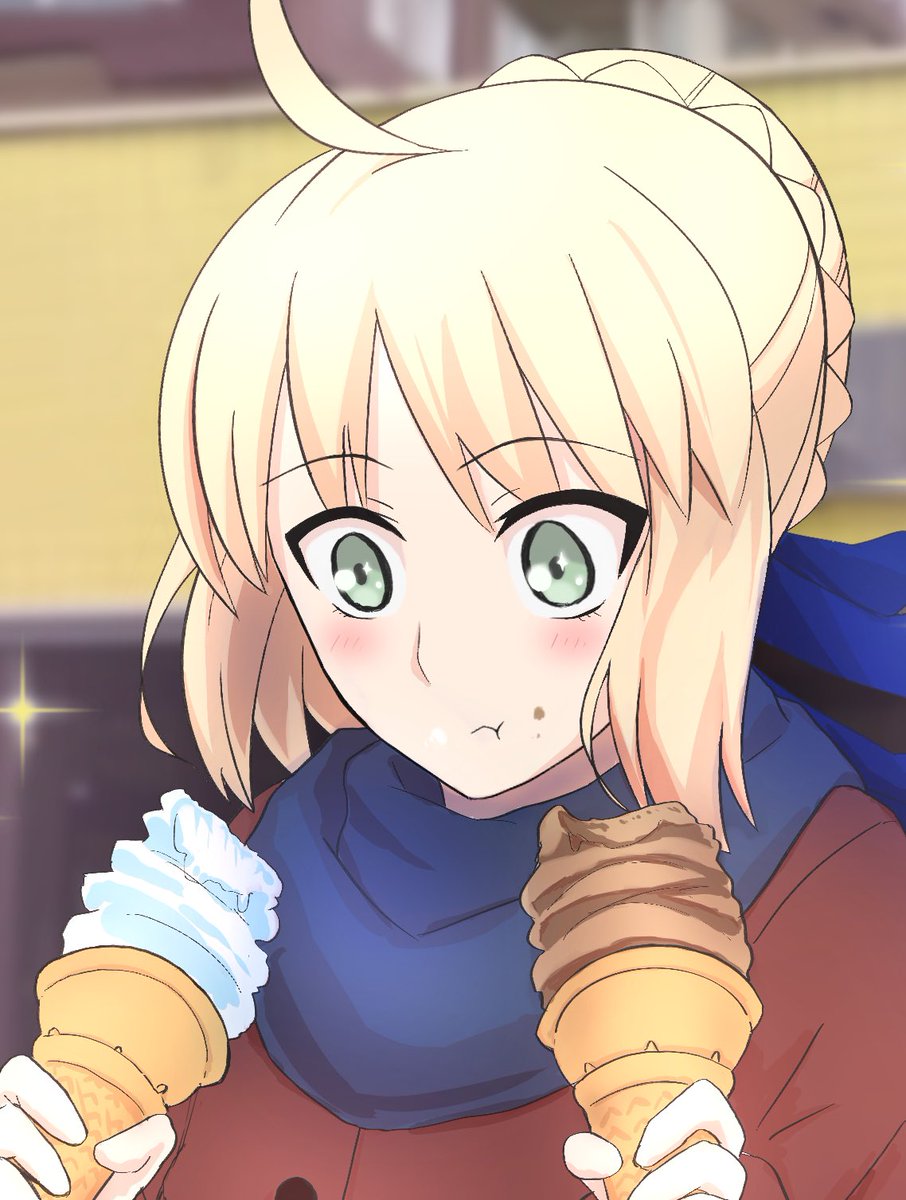 Mafty 新橋駅前にイラスト掲載中 セイバーさん対決列島巡礼の旅 函館の コーヒールームきくち にて バニラとモカのアイスクリームをいただくセイバーさん Fgo 水曜どうでしょう 大泉洋