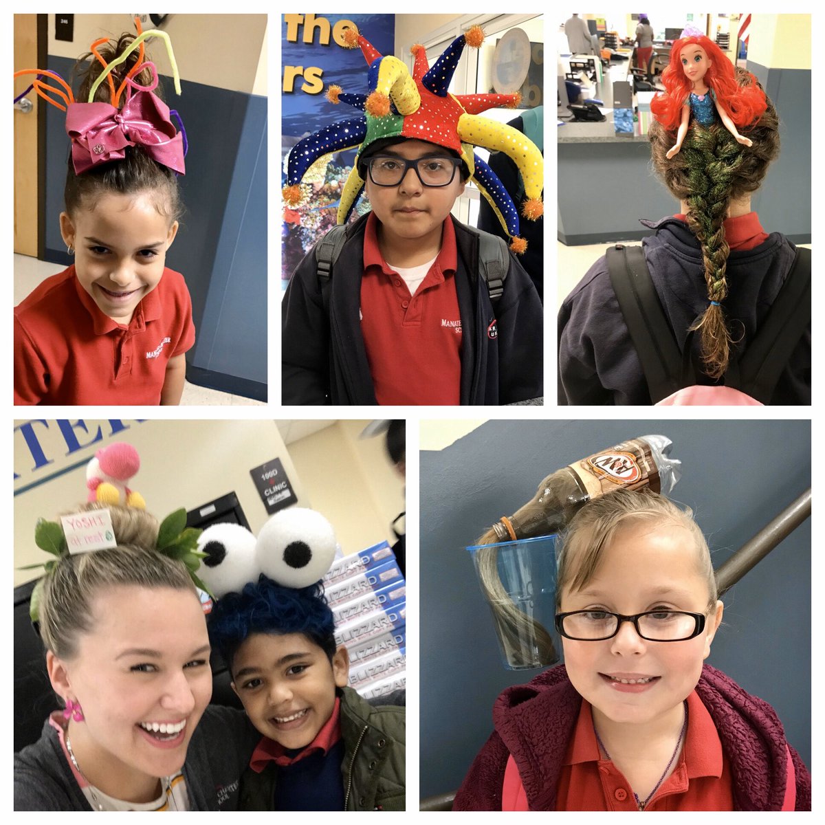 Manateecharter1's tweet photo. Today is Crazy Hair and Crazy Hat Day! Wednesday is off to a fantastic start. How great are these zany styles? Don’t forget- tomorrow is Movie Dress Down Day (where you can dress as your favorite character or movie star!) #literacyweek #readon #schoolspirit #gomcs https://t.co/8Jp2O4UmGY