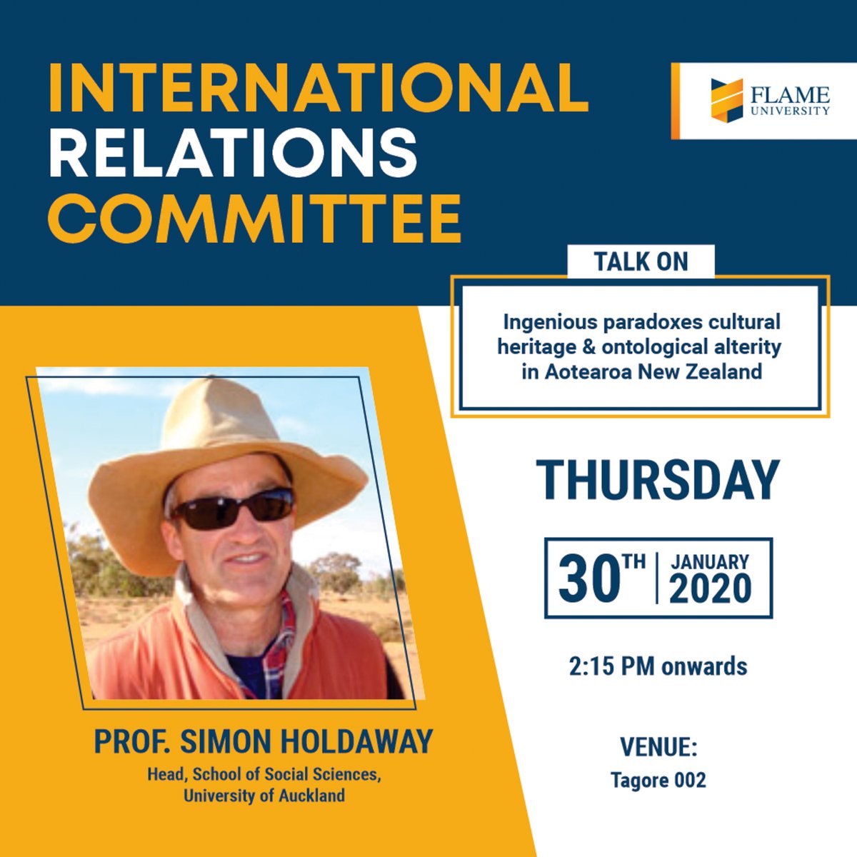 FLAMEUniversity's tweet photo. Join Prof. Simon Holdaway, for a talk on "Ingenious paradoxes cultural heritage & ontological alterity in Aotearoa New Zealand" on Thursday.
#FLAMEUniversity #Internationalrelationscommittee #culturalheritage #ontologicalalterity #guestlecture https://t.co/XvKBSLRSgO