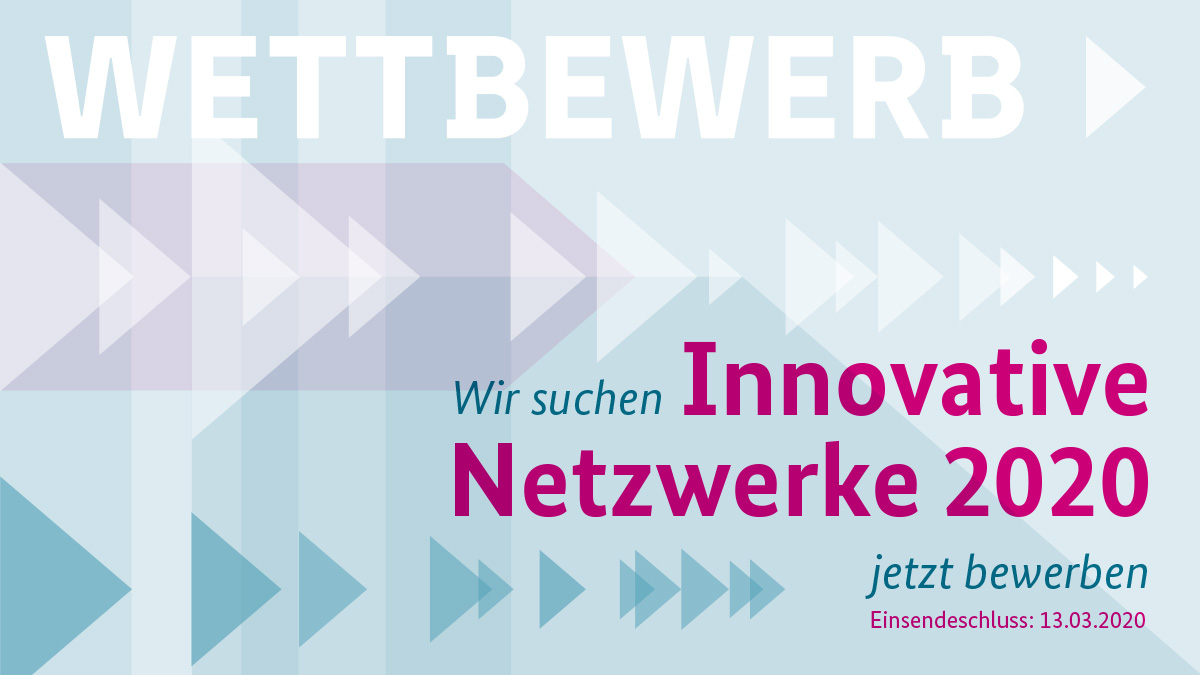 Grafik mit Text: Wettbewerb. Wir suchen innovative netzwerke 2020. Jetzt bewerben. Einsendeschluss: 13.03.2020