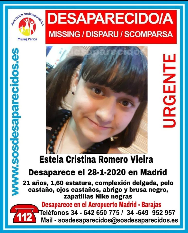 guardiacivil's tweet photo. 🆘#Urgente ⚠️
Esta es Estela Cristina y ha #desaparecido en inmediaciones del #Aeropuerto de #Madrid Barajas.

Si la has visto llama:

☎ 062 
☎ 091 
☎ 112 

Colabora, tu RT no cuesta nada y puede ayudar mucho. https://t.co/Jkml2UzLDI