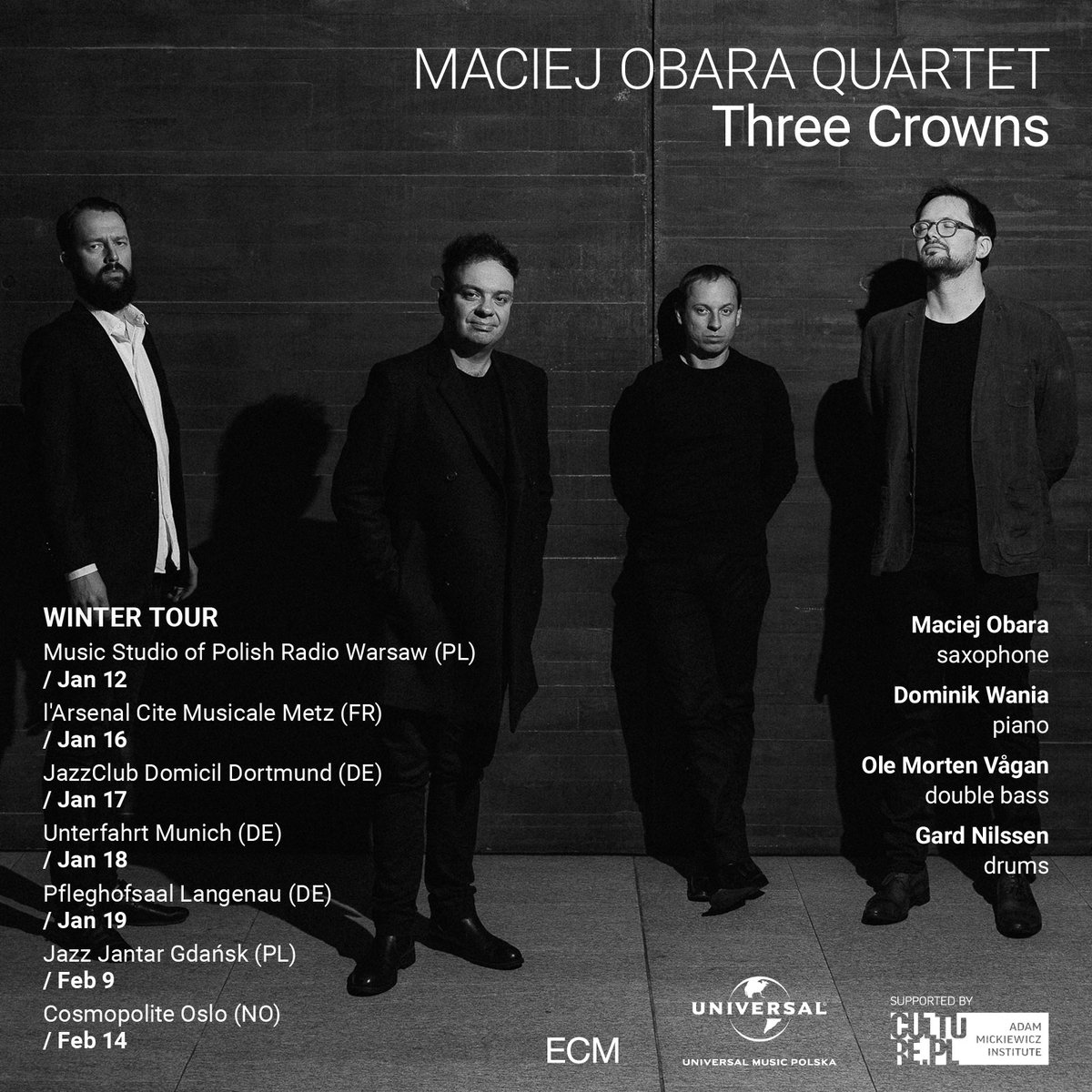Obara og pianist Dominik Wania representerer en ung, fremadstormende polsk jazz, påvirket av klassisk musikk såvel som gamle mestre som Komeda og Tomasz Stanko. Den norske rytmeseksjonen vet vi hva står for:Moderne, melodiøs europeisk jazz med driv. 14.Februar kl.20:00
