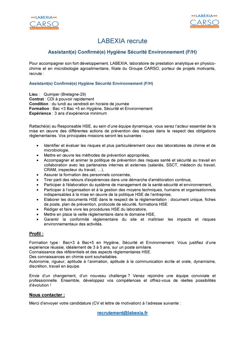 📄 [RECRUTEMENT]
Notre filiale #LABEXIA recrute un(e) Assistant(e) Confirmé(e) Hygiène Sécurité Environnement (F/H).
Pour rejoindre leur équipe, envoyez vos candidatures à : recrutement@labexia.fr
#recrutement #emploi #carrière