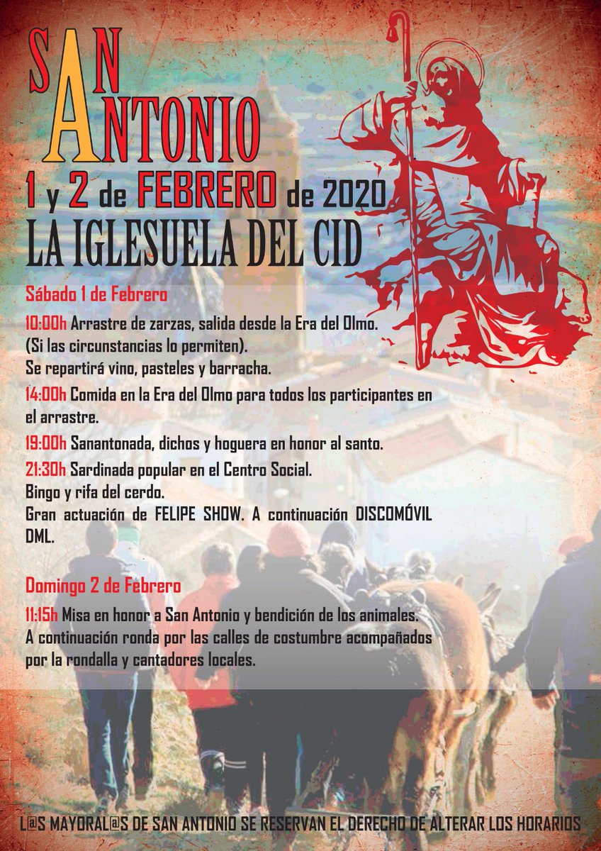 Com_Maestrazgo's tweet photo. 📌Actividades en el #Maestrazgo para los próximos días:
➡Fiesta de San Antonio en #LaIglesuela. 1 y 2 de febrero. 
➡Fiesta de San Blas en Las #CuevasDeCañart. 31 de enero, 1 y 2 de febrero. https://t.co/bZB9UkK7fw