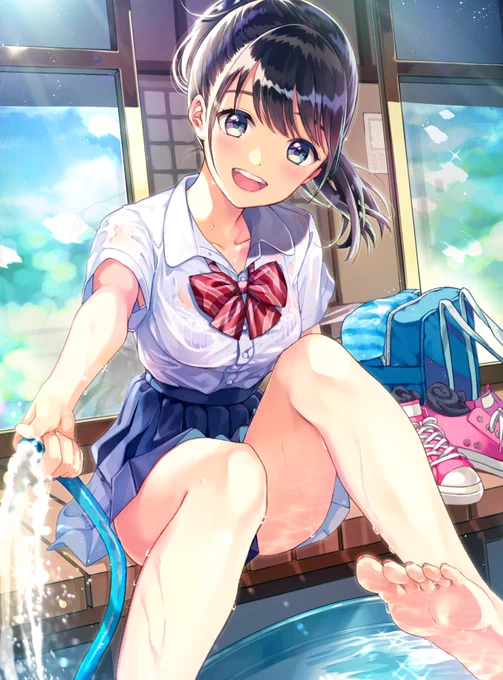 2010年のイラスト対比。制服、塗れ透け、ポニテ、ホース、まるめた靴下に素足、10年経って同じテーマで描いていたなんて気づかなかった?
#画力ビフォーアフター 