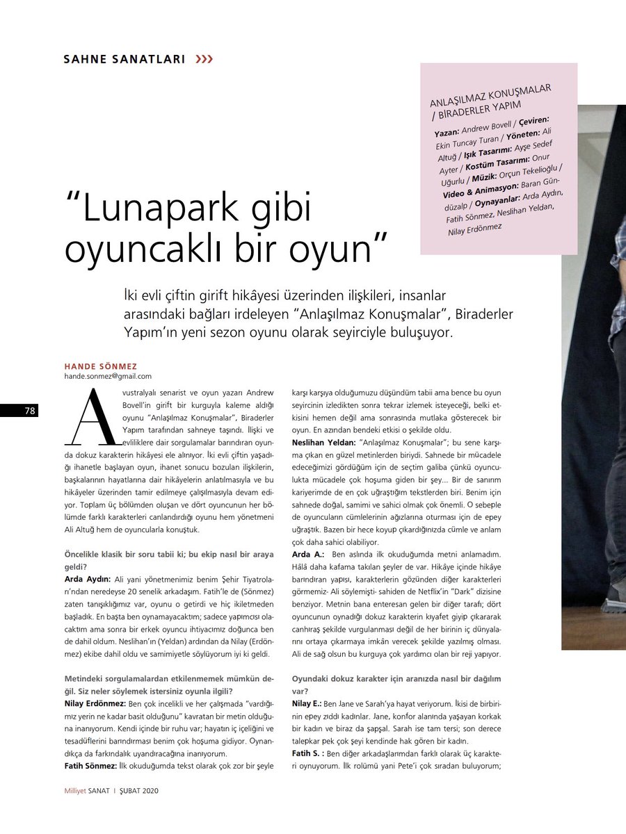 handesonmez's tweet photo. Bu ay Milliyet Sanat için “Anlaşılmaz Konuşmalar” ekibiyle söyleştik. Devamı @Milliyet_Sanat ta. @neslihnyeldan @NilayErdonmez @sonmezfatih @ugurardaaydin ve Ali Altuğ. 🌸 https://t.co/XRe52qeqdl