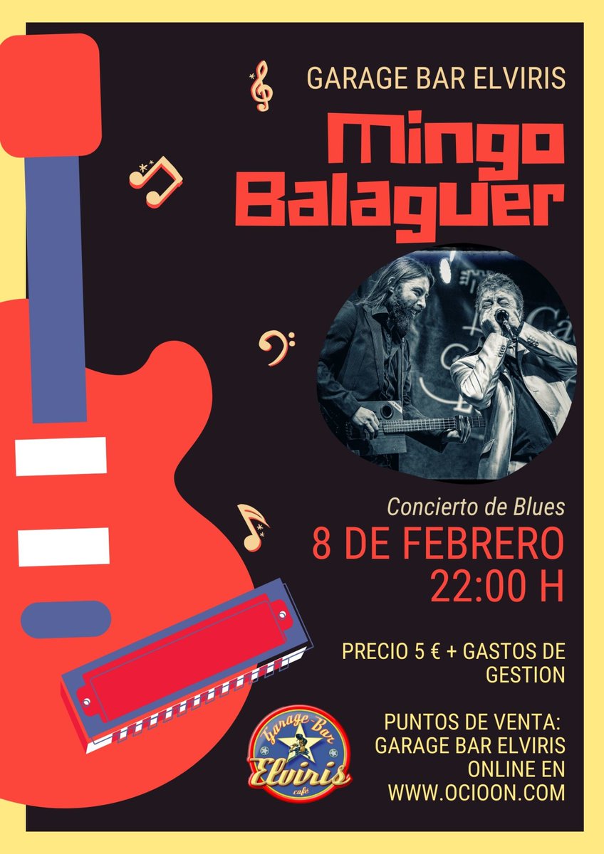 El próximo día 8 de Febrero en Garage Bar Elviris. Concierto Blues con Mingo Balaguer y Pablo Sanpa. Un evento para los amantes de blues, buena musica en directo en Linares. 

Entrada ya a la venta por 5 € + GG en ocioon.com/evento/concier…
 y en el local Garage Bar Elviris.