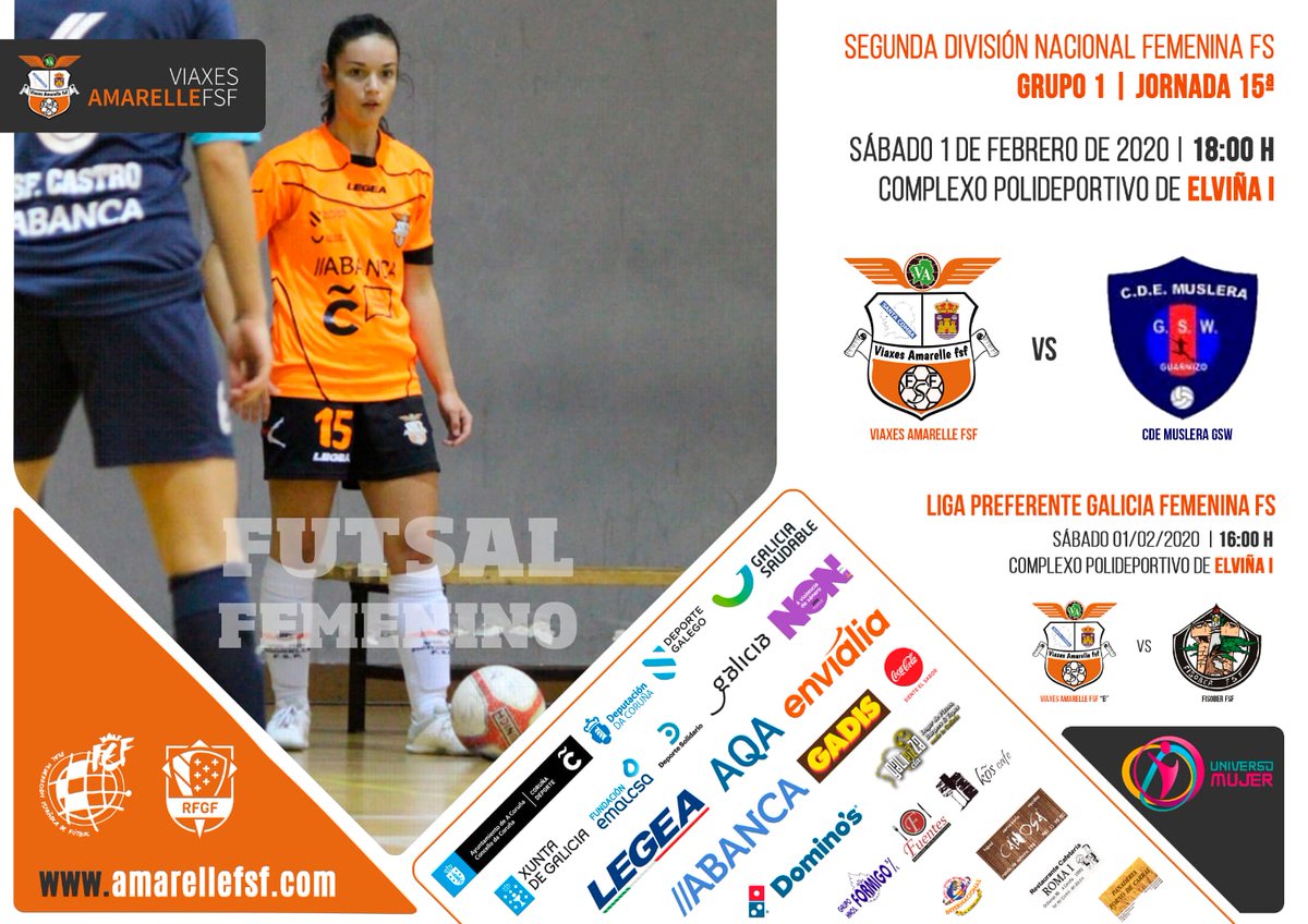 aqacomplexos's tweet photo. Este sábado, 1 de #Febrero, a las 18:00 h. en el Pabellón del #CDElviña, ¡no te puedes perder el partidazo entre las chicas del Viaxes Amarelle Fsf y #CDEMuslera.
¡#VamosNaranjas! 👏👏👏 https://t.co/sLx93LhOha