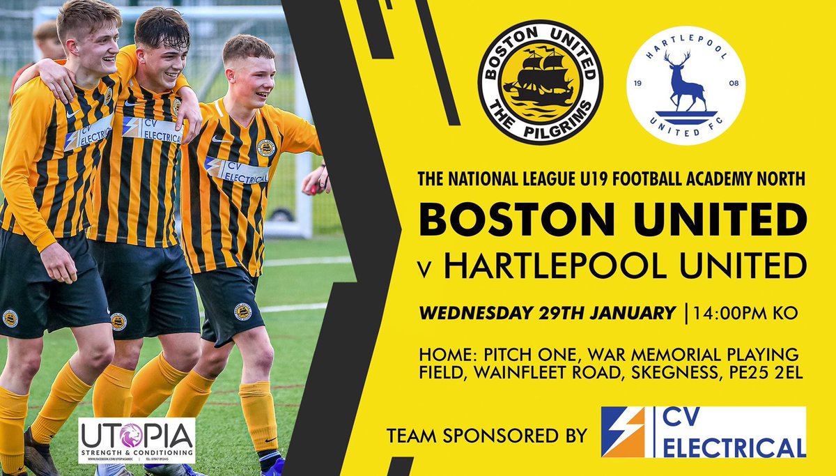 bufcacademy's tweet photo. IT’S GAME DAY! Good luck to Boston United Under 19s who are up against @Official_HUFC Academy today. 

🏆 @nationallgeU19 Football Academy North 
🆚 Hartlepool United
📍 Pitch 1 Wainfleet Road Pavilion, Skegness PE25 2EL
⏰ 2pm KO

Team sponsor: CV Electrical Limited https://t.co/yihx6vZIrg
