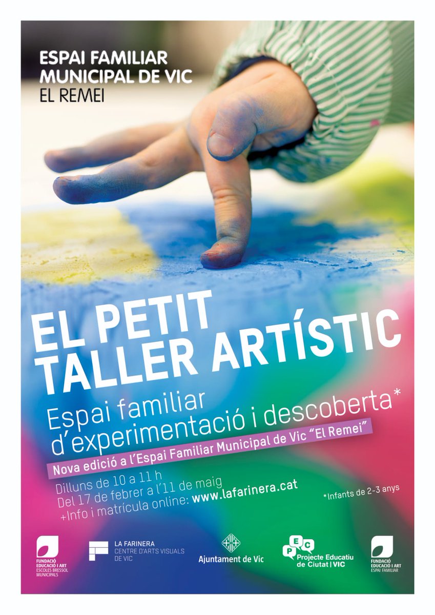vic_educacio's tweet photo. 📣Nova edició del #PETIT TALLER ARTÍSTIC, espai familiar d’experimentació i descoberta per a infants de 2 a 3 anys que La #Farinera organitza conjuntament amb L’#EFMV "El Remei". No perdeu l'oportunitat de gaudir-ne! Més info 👉 https://t.co/PgjehuuJ27 https://t.co/UT8P9jNhvj