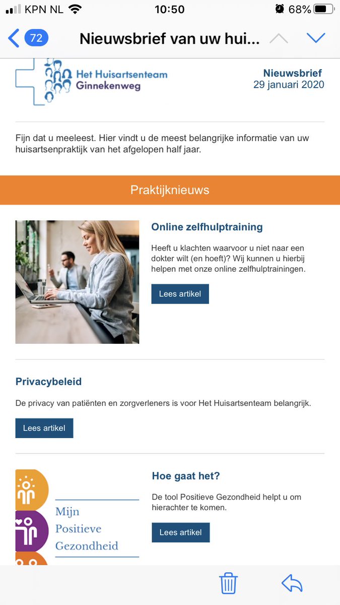 Ik word blij van deze nieuwsbrief van mijn huisarts van het <a href="/Huisartsenteam/">Het Huisartsenteam</a>: #onlinetraining #positievegezondheid #rookvrijeregio, huisartsenpost alleen voor spoed. Onderwerpen waar wij = @ZorgbelangBr <a href="/ZorgbelangZe/">Zorgbelang Zeeland</a> expertise en ervaring mee hebben #projecten #beterezorg