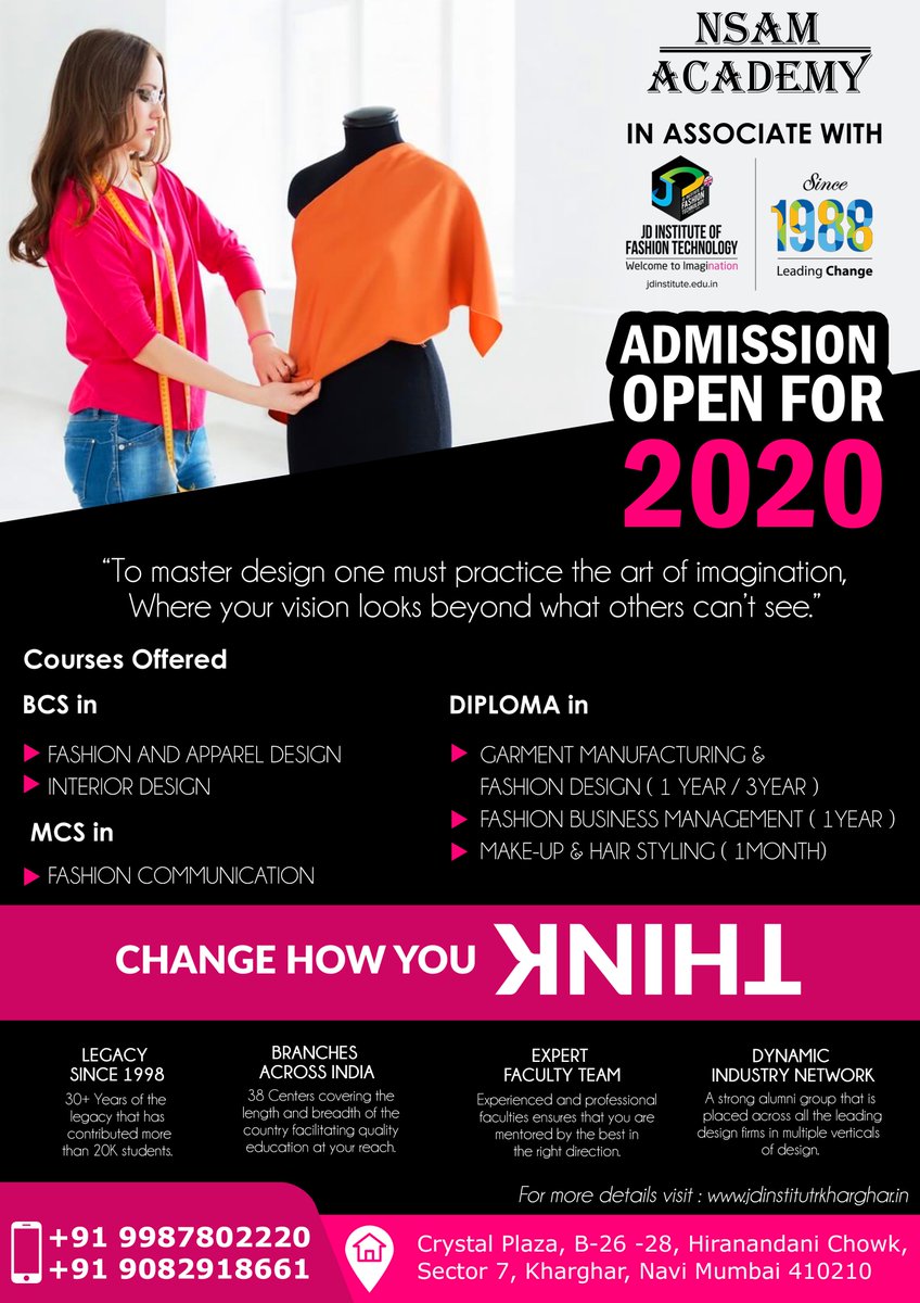 JdFashion's tweet photo. In-depth training in design tools, Integrated personal &amp; professional development. Project-based learning experience, Admission started for 2020, Apply Now! Hurry Up Limited Seats. Indias Best Design School.
#fashiondesign #interiordesign #designschool #admission #open https://t.co/RCCdtWwRUk