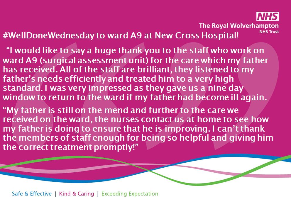 RWT_NHS's tweet photo. #WellDoneWednesday to ward A9 at New Cross Hospital! 👍👏

#Excellentfeedback #NHS https://t.co/r5TxLvFO4S