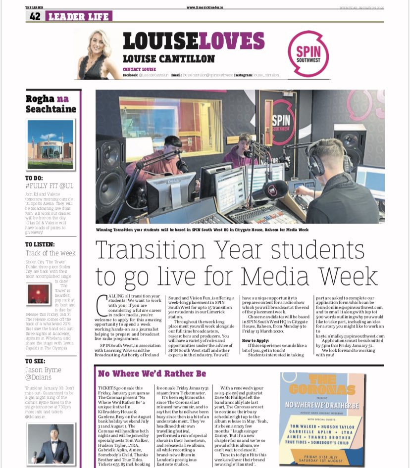 LaoisDeCantalun's tweet photo. My column in todayโs @Limerick_Leader
๐ป @SPINSouthWest @kayteomalley @LearningWaves @tydotie
๐ซ @TheCoronas โNo Where Iโd Rather Beโ Festival
๐๏ธโโ๏ธ @SPINSouthWest #FullyFit @EDROCHE @ValerieWheeler_
๐ถ @Slippers_Mc Stolen City -The Tower
๐@bbcfatherfigure @mydolans https://t.co/UKGFCW7TXi