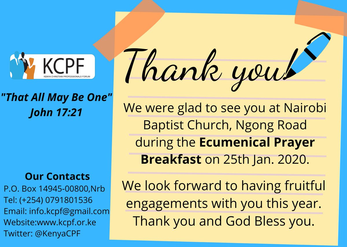 KenyaCPF's tweet photo. We were glad to see you during the Ecumenical Prayer Breakfast on 25th January 2020
We look forward to more fruitful engagements with you this year. https://t.co/OOzrP8MAIE