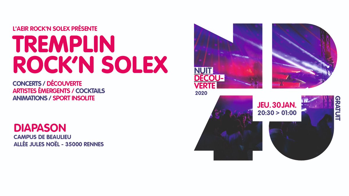 metropolerennes's tweet photo. Le tremplin Rock 'n solex à #rennes, c'est demain et c'est une soirée #ND4J
Au programme : concerts, découverte des artistes émergents, mais aussi sport insolite et cocktails !
Au Diapason à Beaulieu, de 20h30 à 1h et c'est gratuit. https://t.co/aLavUCpIl4