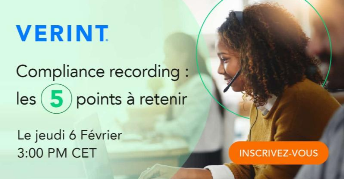 VerintVerba's tweet photo. Ne manquez pas notre nouveau webinaire sur la 'Compliance Recording: les 5 points à retenir' en partenariat avec @Telindustelecom et @ca_indosuez le 6 février prochain: https://t.co/AOYKk55RWH @Verint #compliance #webinar https://t.co/FvoJdsEUk8