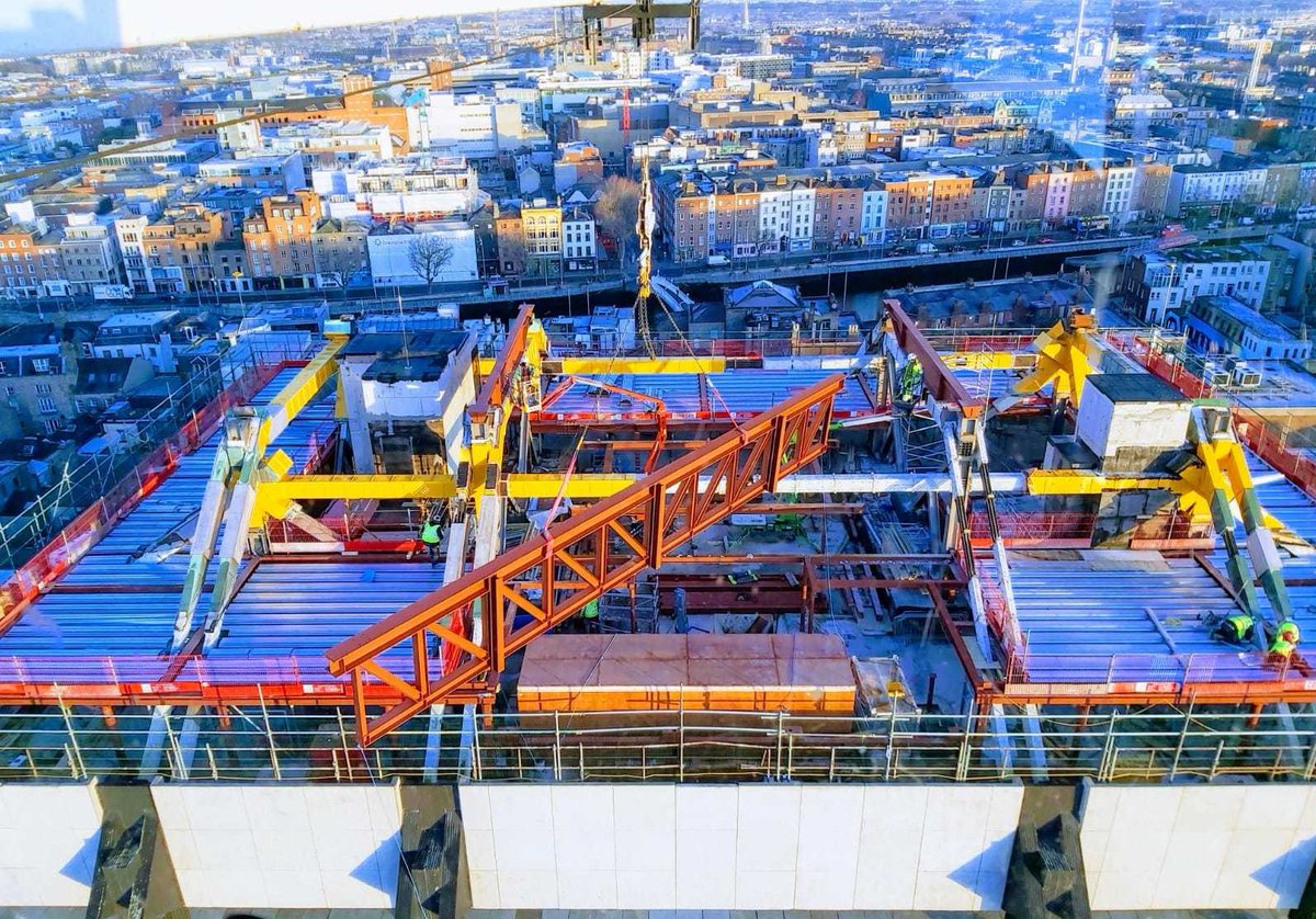 Great image from the crane at our <a href="/centralplazadub/">Central Plaza</a> site of a steel truss being lifted into place which will support the new roof glazing and floor beneath.

<a href="/Hines/">Hines</a> <a href="/henryjlyons/">Henry J Lyons</a>  Vici PM  Virtus PM  
<a href="/JV_Tierney/">J.V. Tierney & Co.</a> <a href="/DBFL_Ireland/">DBFL Consulting Engineers</a>  <a href="/barrett_mahony/">Barrett Mahony Consulting Engineers</a>

#StewartConstructionProjects