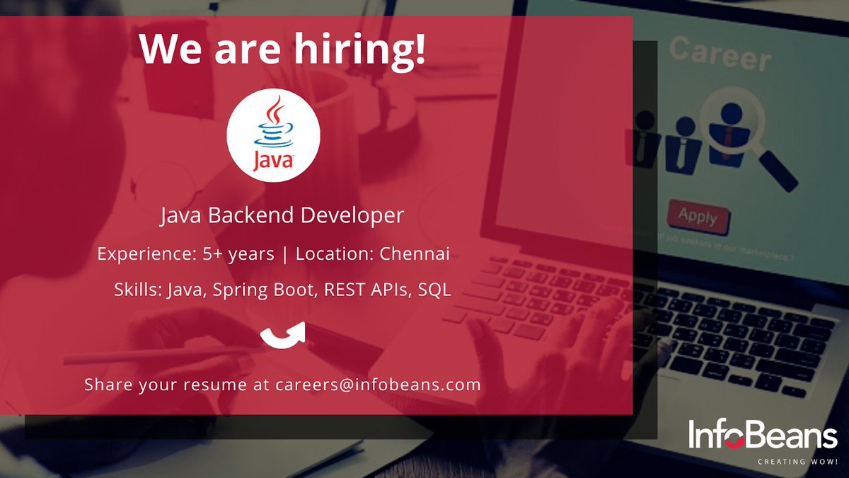 infobeans's tweet photo. We are #hiring for the following profile:
#Position: Java Backend Developer
#Experience: 5+ years
#Location: #Chennai
#ApplyNow at careers@infobeans.com
#jobs #javadeveloper #javadevelopment #backend #springboot #springbootrest #restapi #sql #database #interview #infobeans https://t.co/2fvinoKQ44