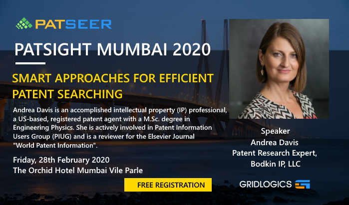 gridlogics's tweet photo. We are excited to announce that Ms. Andrea Davis, @BodkinIp will be joining us at the upcoming #PatSight Mumbai 2020. Andrea will be speaking on ‘Smart Approaches for Efficient #Patent Searching’.  #IntellectualProperty #patentsearching https://t.co/9MfvDz0iSk