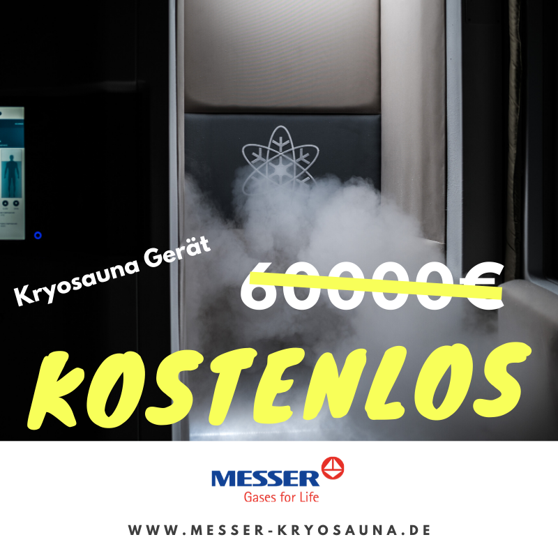 Wir stellen Dir eine Kryokammer von unserem Partner <a href="/CryoScience/">CRYO Science</a> für dein Spa oder dein Fitness Studio zur Verfügung. Du bezahlst nur den Stickstoff, den du zum Betreiben der Kammer benötigst. Alles Weitere übernimmt Messer.