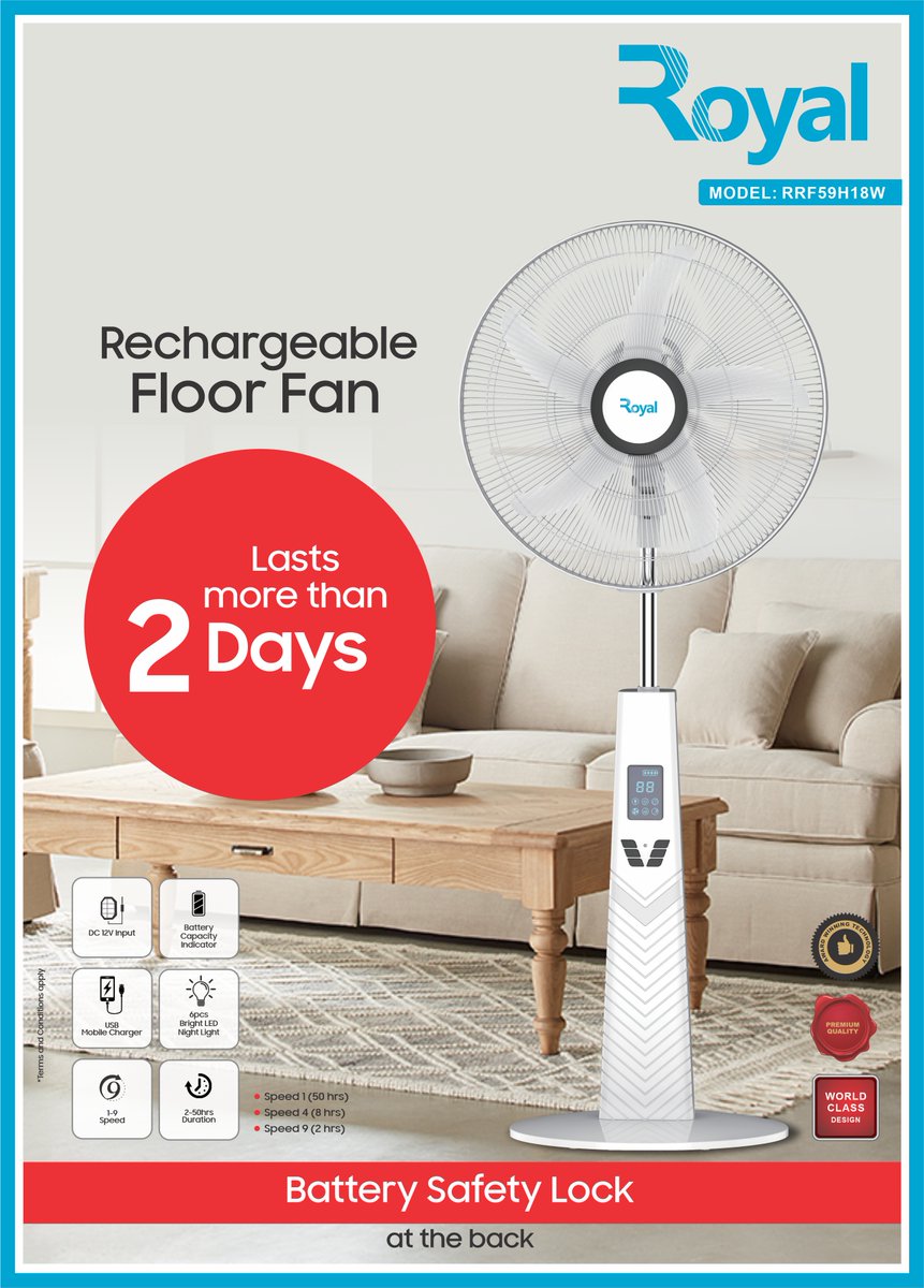 When the heat comes show no fear,
Cos the Royal Rechargeable Fan is here!

#royal #royalelectronics #rechargeablefan #homeappliances