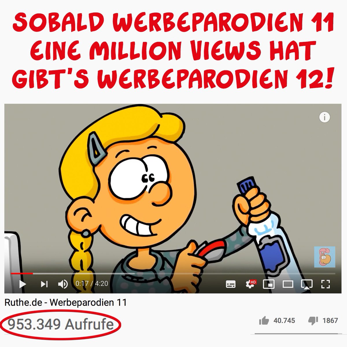 ralphruthe's tweet photo. Ihr habt Lust auf eine neue Episode WERBEPARODIEN?
Dann biete ich folgenden Deal:
Teilt den Youtube-Link zu Episode 11 (den gibt’s hier: https://t.co/9qTmpywUEB). Sobald Episode 11 die 1 Million-Views-Marke überschritten hat, haue ich Episode 12 ins Internet. Fair? Fair. 🤜🤛🏽 https://t.co/p7G3wPjwU5