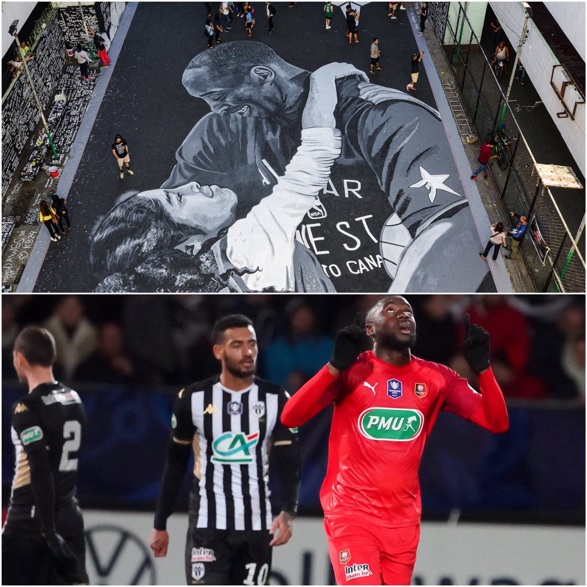 Jlechevestrier's tweet photo. #SRFC Après son but au stade Kopa contre Angers en 8e de finale de #CoupedeFrance, @lsjames95, grand fan de #NBA, a rendu hommage à #KobeBryant et sa fille #Gigi disparus tragiquement dimanche, avec 7 autres personnes, dans un accident d’hélicoptère à Los Angeles. @ROUGEmemoire https://t.co/EcdkNCVjhA
