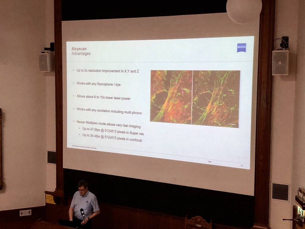 jen_adcott's tweet photo. Airyscan it a great way of capturing more light on the confocal microscope, whilst also gaining resolution.
@CCI_liv have an airyscan on one of our @zeiss_micro #LSM880’s
Tours of the facility are at the end of day 1 of the #CCIwkshp https://t.co/nMuRRSrzZl
