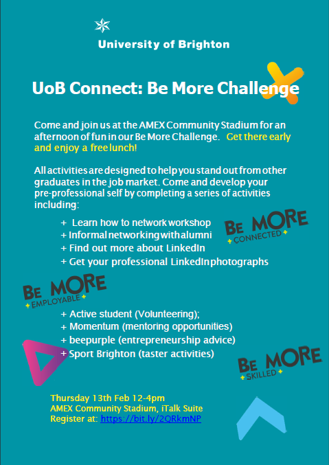 A poster for the Be More Challenge, explaining that the activities are designed to make you look better in the job market and that there is a free lunch.