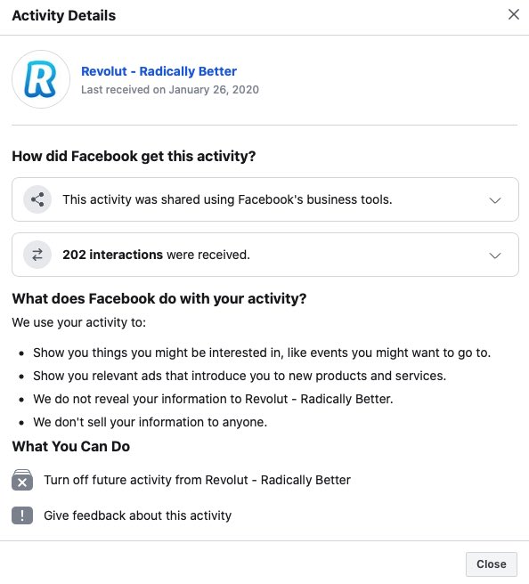 WeRReD's tweet photo. Nice touch by @RevolutApp sharing at least 202 of my interactions with Facebook. I don’t care what the justification is, but I do expect them to share precisely zero information with Facebook. https://t.co/1fEE8fR3v0